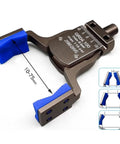 Magnetic Gripper Fixture For Pneumatic Systems And Automated Workflows, close-up showing measurement scale, blue grips, and red wine color