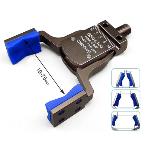 Magnetic Gripper Fixture For Pneumatic Systems And Automated Workflows, close-up showing measurement scale, blue grips, and red wine color