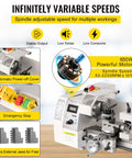 8 X 14 Inch Mini Metal Lathe With Variable Speed 2250 RPM 600W Motor, highlighting adjustable speed, emergency stop, and accessories