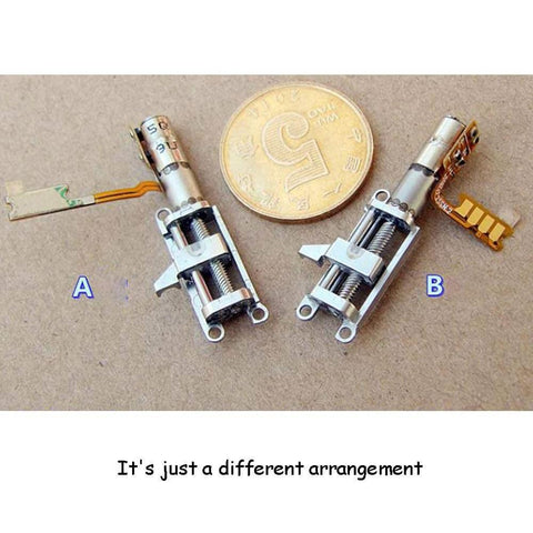 Two Mini Micro 4mm 5V 2-Phase 4-Wire Precision Planetary Gearbox Gear Stepper Motors with metal slider nut next to a coin for scale