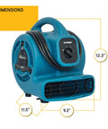 Mini Mighty 138 W Air Mover with 600 CFM centrifugal power for fast carpet drying, stackable design by XPOWER, shown side view