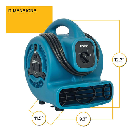 Mini Mighty 138 W Air Mover with 600 CFM centrifugal power for fast carpet drying, stackable design by XPOWER, shown side view