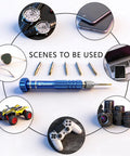 5-In-1 Mini Precision Screwdriver Set with Magnetic S2 Steel Bits for Eyeglasses, Electronics, Jewelry display with various uses.