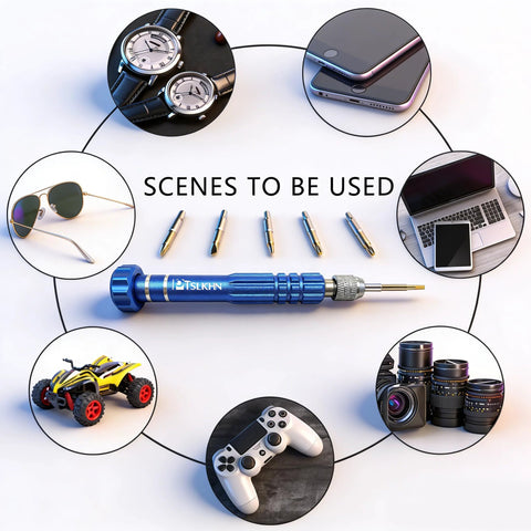 5-In-1 Mini Precision Screwdriver Set with Magnetic S2 Steel Bits for Eyeglasses, Electronics, Jewelry display with various uses.