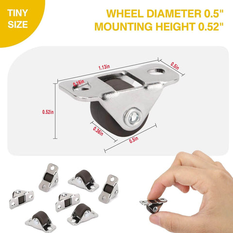 8Pcs 1/2 Inch Mini Rigid Caster Wheels Low Profile Fixed Direction with Rubber Wheels Steel Top Plate for Small Appliances Furniture DIY Projects Non Swivel