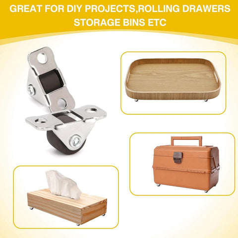 8Pcs 1/2 Inch Mini Rigid Caster Wheels with Steel Top Plate shown on various small furniture and DIY projects.