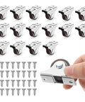 16 Pack Mini 1 Inch Rigid Caster Wheels Set With Iron Top Plate And TPR Wheels Low Profile Fixed Casters For Furniture DIY Projects Trundle Beds Drawers And Cabinets Heavy Duty Load Capacity Up To 424 Lbs Great Value For Upgrading Furniture image, showing casters and screws in hand.