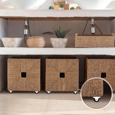 48 Pcs 1 Inch Small Caster Wheels Mini Rigid Fixed Non Swivel Casters installed on wicker baskets for furniture mobility