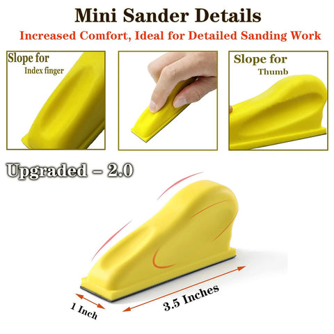 Detail Sander Paper Kit 70Pcs Wet Dry Sandpaper With 3 5 By 1 Inch Hand Block showing a yellow hand sander with slope details.