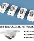 8 Pcs Mini Self Adhesive Wheels For Storage Bins And Boxes shown with four small plastic caster stick-on wheels, ABS and POM construction.