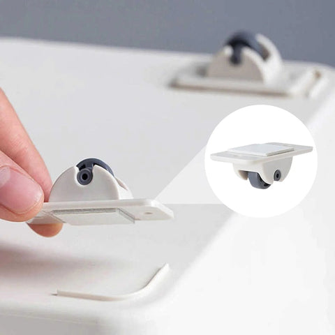 8 Pcs Mini Self Adhesive Wheels For Storage Bins And Boxes shown with strong adhesive and ABS/POM construction on a light surface.