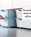 8 Pcs Mini Self Adhesive Wheels For Storage Bins And Boxes installed on plastic bins for easy mobility, side view