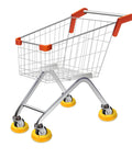 Shopping cart with orange handles and yellow wheel stoppers, on a white background.