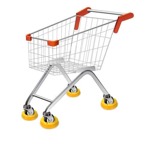 Shopping cart with orange handles and yellow wheel stoppers, on a white background.