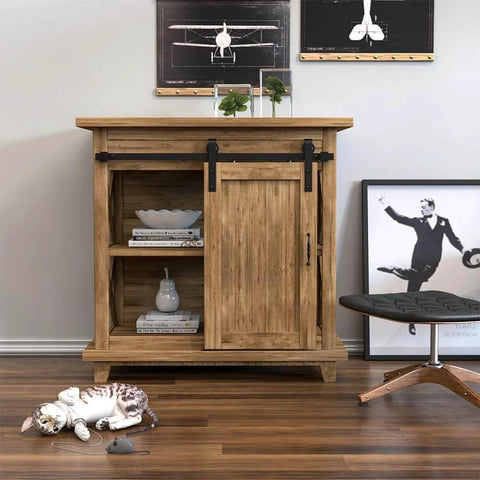Wooden TV stand with 2.5FT Super Mini Sliding Barn Door Cabinet Hardware Kit for Single Door in frosted black finish installed.