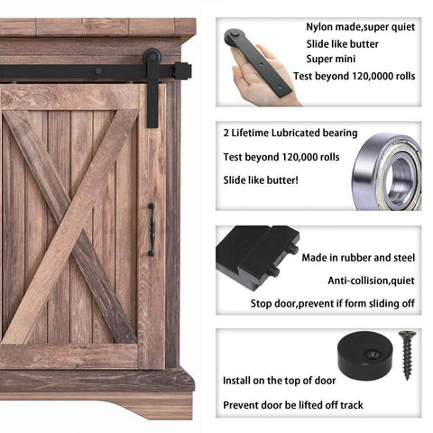 3FT Super Mini Sliding Barn Door Hardware Kit for Single Cabinet Doors on TV Stands and Small Wardrobes components detailed