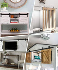 Four scenes showing the 6.6FT Super Mini Sliding Barn Door Hardware Kit for Single Cabinet Doors on TV Stands and Small Wardrobes in use.