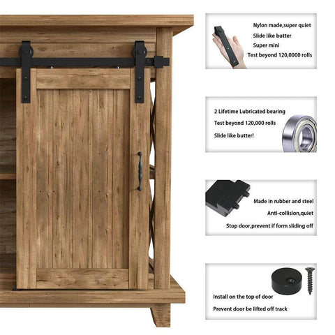 3FT Super Mini Sliding Barn Door Hardware Kit on a wooden TV stand with J Shape Hanger, carbon steel frosted black finish installed.