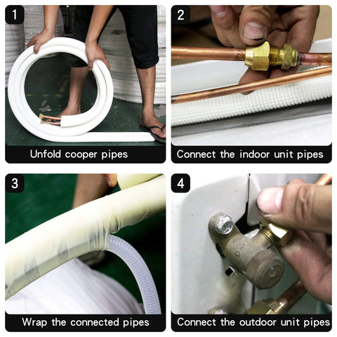 Step-by-step installation of 16 Ft Mini Split Line Set With 1/4 In And 3/8 In OD Copper Tubing Thickened White PE Insulated Coil Flared Nuts
