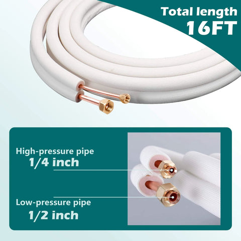 Mini Split Line Set Kit With Sixteen Foot Copper Line Pipes One Quarter Inch And One Half Inch Outer Diameter