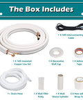 Mini Split Line Set Kit With Sixteen Foot Copper Line Pipes One Quarter Inch And One Half Inch Outer Diameter contents displayed