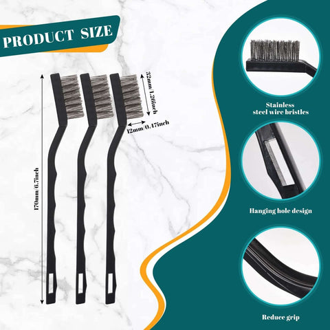 12 Pcs Mini Stainless Steel Wire Brush Set with Curved Handle, dimensions shown, ideal for cleaning weld slag and rust.