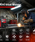 Welder using Ultra Portable Mini Stick Welder Wrdlosy Weighs 4.4 Lbs IGBT Inverter with sparks flying in a workshop setting.