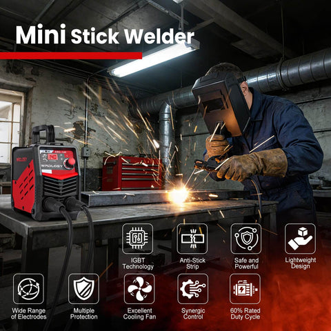 Welder using Ultra Portable Mini Stick Welder Wrdlosy Weighs 4.4 Lbs IGBT Inverter with sparks flying in a workshop setting.