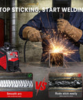Welder using Ultra Portable Mini Stick Welder Wrdlosy with sparks flying, showing smooth vs rough welds and product features.