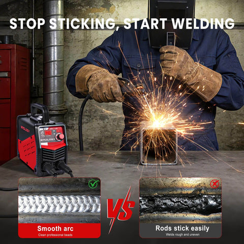Welder using Ultra Portable Mini Stick Welder Wrdlosy with sparks flying, showing smooth vs rough welds and product features.