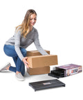 Hand Truck Helper And Mini Storage Pallet For Dollies Keeps Back Safe While Handling Heavy Loads Holds 800 Plus Lbs 18 Inch By 10 Inch By 1.5 Inch 1 Pack Waterproof Storage Pallet Protects Stored Items From Water Damage Insects And Debris in use with person stacking boxes on pallet