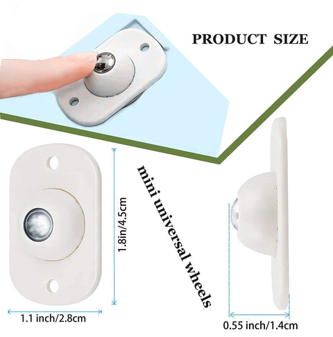 Diagram showing Self-Adhesive Mini Swivel Caster Wheels, 16-Piece Set, 360 Degree Rotation, dimensions and finger pressing wheel.