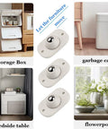 Self-Adhesive Mini Swivel Caster Wheels, 16-Piece Set, shown installed on storage box, bedside table, garbage can, and flowerpot