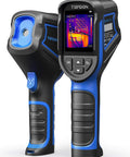 Front and side view of a Blue Mini Thermal Imaging Camera, 240 x 240 TISR Resolution, 15-Hour Battery Life, 25Hz with infrared screen display.