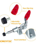 Pro Grade Mini Toggle Clamp Set For Woodworking Projects 4 Pack With 100 Lb Holding Capacity Quick Release Push Pull Clamps, features labeled