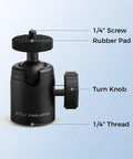Universal Mini Tripod Ball Head With One Quarter Inch Screw in stainless steel and aluminum alloy, showing rubber pad and turn knob.