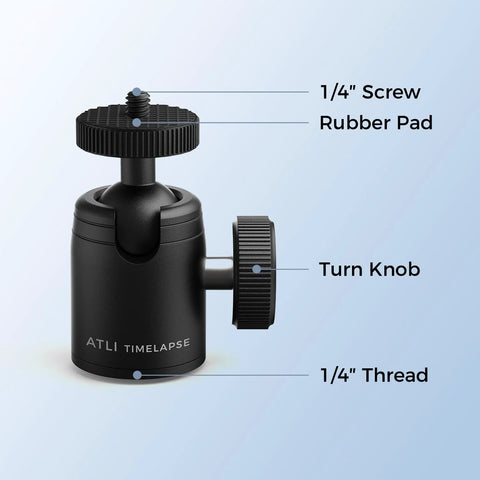 Universal Mini Tripod Ball Head With One Quarter Inch Screw in stainless steel and aluminum alloy, showing rubber pad and turn knob.