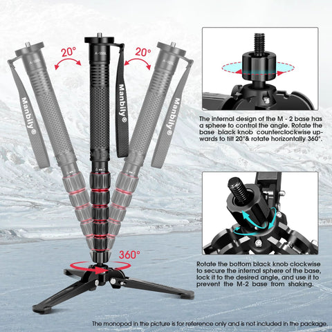 Mini Tripod Base for Monopods with Three Eighths Inch Screw Desktop Stand showing 20-degree tilt and 360-degree rotation features