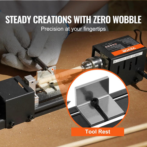 Compact Mini Wood Lathe Machine With Seven Speeds 4220 5300 5650 6350 6660 7050 8450 RPM 24V DC 96W in action, close-up