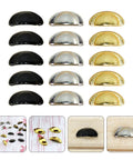Assorted miniature alloy knobs for dollhouse cabinets and drawers, one twelfth scale, in black, silver, gold. Realistic hardware with smooth edges.