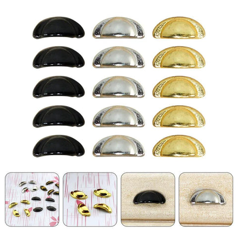 Assorted miniature alloy knobs for dollhouse cabinets and drawers, one twelfth scale, in black, silver, gold. Realistic hardware with smooth edges.