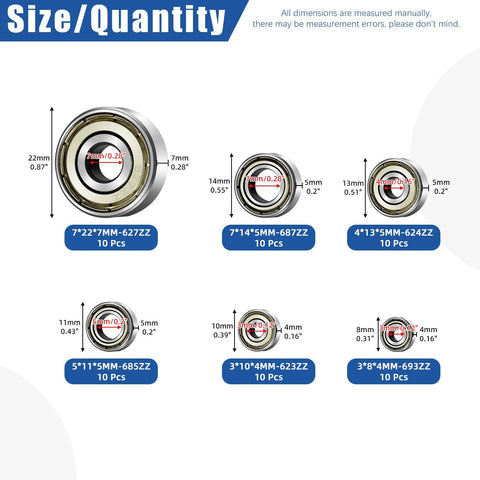 60 Piece Miniature Ball Bearing Set Carbon Steel Deep Groove Bearings 693ZZ 623ZZ 624ZZ 685ZZ 687ZZ 627ZZ Double Shield