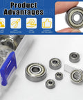60 Piece Miniature Ball Bearing Set Carbon Steel Deep Groove Bearings 693ZZ 623ZZ 624ZZ in package and close-up view.