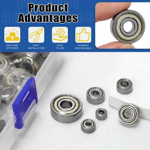 60 Piece Miniature Ball Bearing Set Carbon Steel Deep Groove Bearings 693ZZ 623ZZ 624ZZ in package and close-up view.