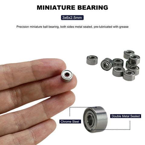 20 Pack Double Shielded Miniature Ball Bearings 3x6x2.5mm in hand, showing chrome steel construction with metal seals, ideal for compact applications