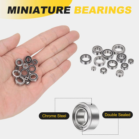 Hand holding set of four SMR63ZZ deep groove ball bearings 3x6x2.5mm 440C stainless steel double shielded ABEC 5 precision mini bearings.