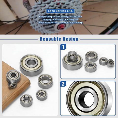 60 Piece Miniature Ball Bearing Set Carbon Steel Deep Groove Bearings shown with various sizes and double shield design