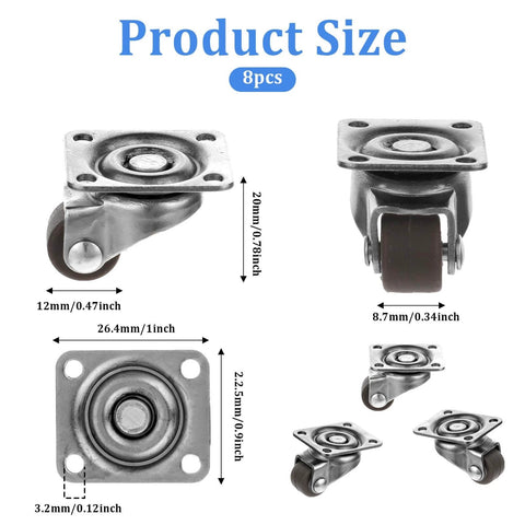8Pcs 1/2 Inch Small Caster Wheels 360 Degree Swivel Casters with Ball Bearing Base showing dimensions and design