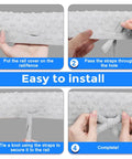 Installation steps for Reversible Gray And White Rail Cover Set With Soft Minky Dot Teething Guard showing easy strap setup.