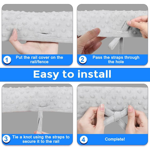 Installation steps for Reversible Gray And White Rail Cover Set With Soft Minky Dot Teething Guard showing easy strap setup.